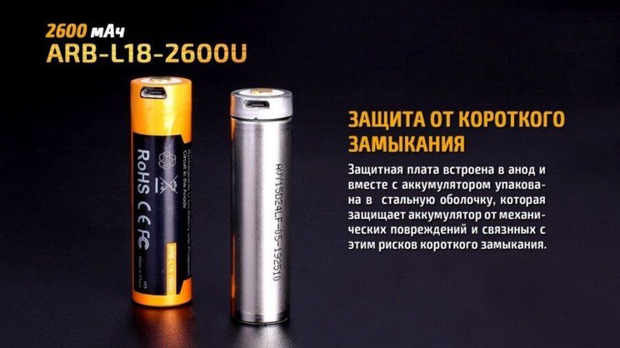 Аккумулятор 18650 Fenix 2600 mAh ARB-L18-2600U micro usb зарядка 82100 фото