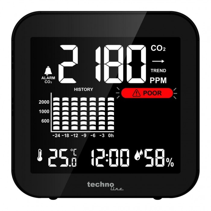 Метеостанція Технолайн WL1025 Чорна з аналізатором CO2, Li-Ion акумулятором, годинниками та будильником