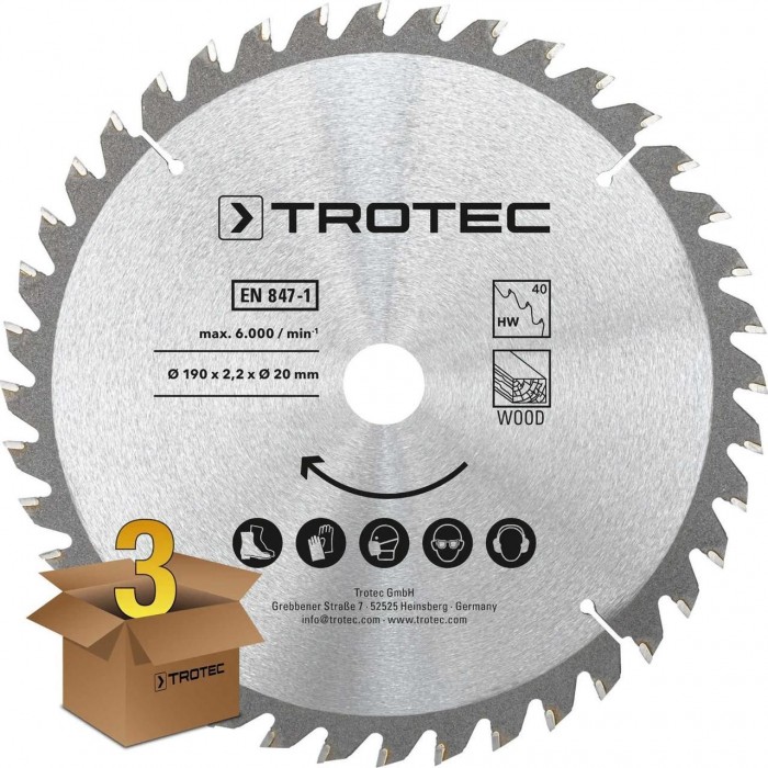 Пильный диск Trotec 190х20х2.2 HW40 Wood 3 шт для аккуратного распила древесины 40 зубьев твердосплавный