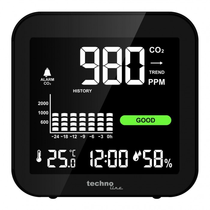 Метеостанція Технолайн WL1025 Чорна з аналізатором CO2, Li-Ion акумулятором, годинниками та будильником