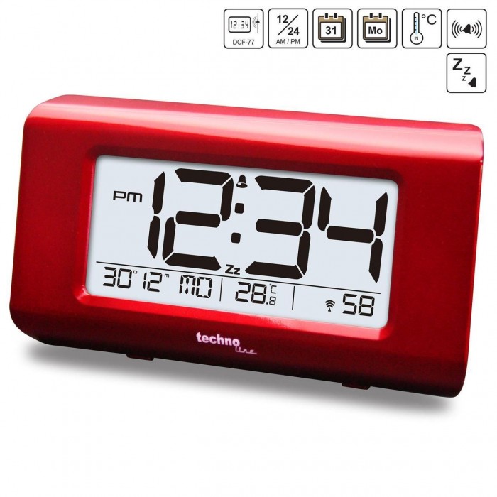 Настольные часы Technoline WT197 Red с будильником, термометром и календарем, радиоуправляемые с подсветкой