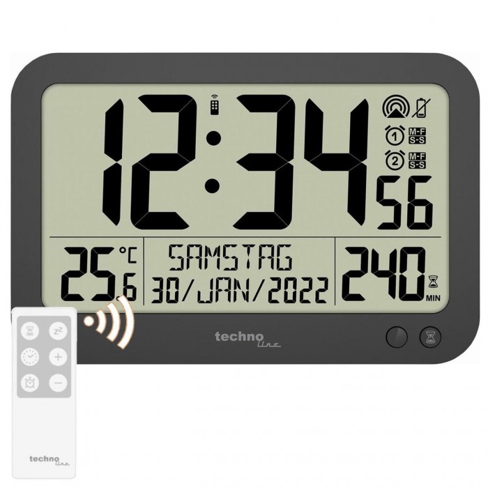 Настінні годинники Technoline WS8026 Black з пультом, електронний механізм, термометр, будильник