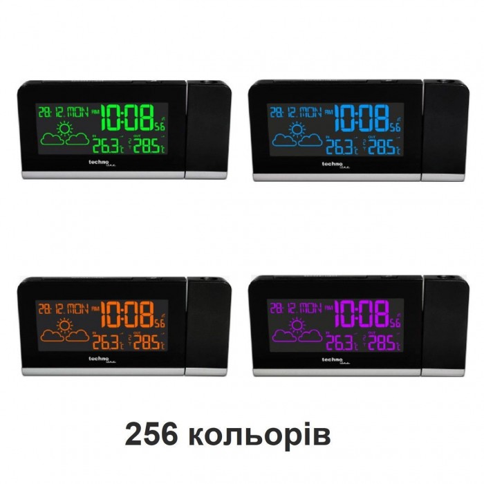 Проекційні годинники Technoline WT539 Black з двома будильниками та метеостанцією, червоний колір проекції