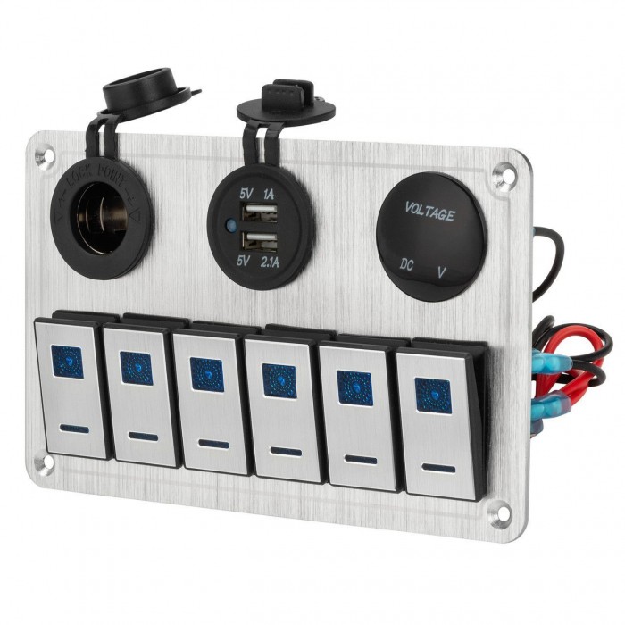 Панель переключателей + прикуриватель двойной USB порт вольтметр 12V для лодки и катера 155х155 мм
