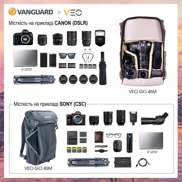 Рюкзак Вангард VEO GO 46M Чорний для DSLR та CSC камер 13 л з захистом від дощу анатомічний