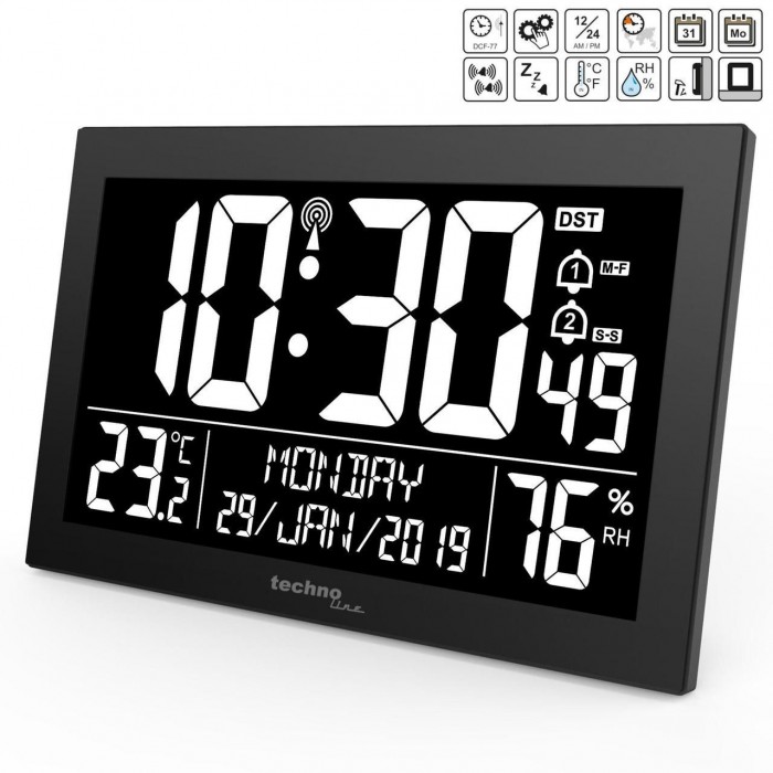 Настінні годинники Technoline WS8017 Black з підсвіткою, метеостанція, будильник, термометр і гігрометр