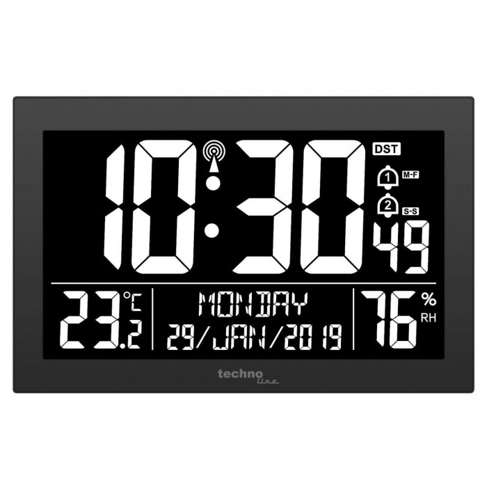 Настінні годинники Technoline WS8017 Black з підсвіткою, метеостанція, будильник, термометр і гігрометр