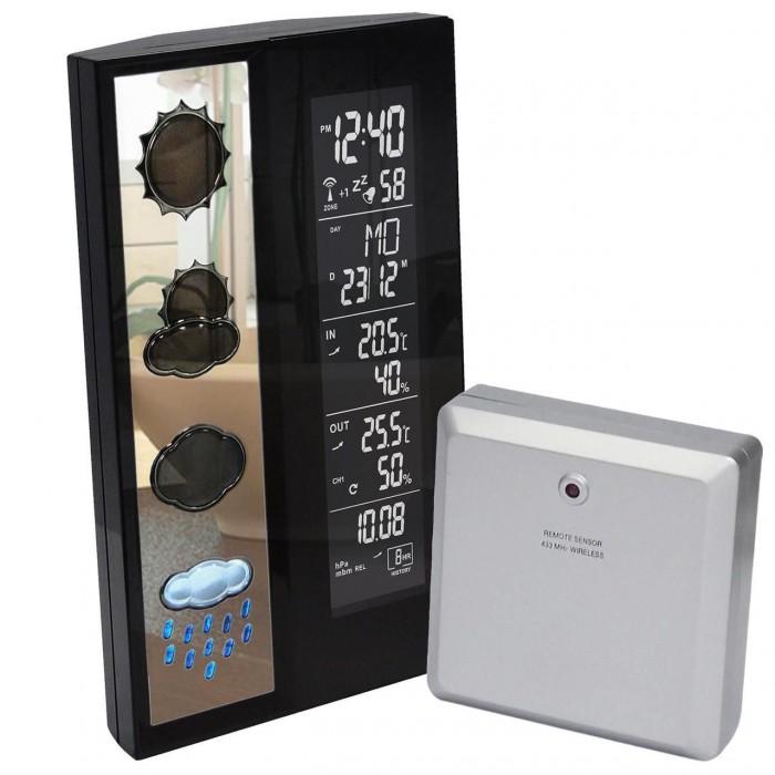 Метеостанция Technoline WS6650 Black прогноз погоды с беспроводным датчиком, часы с зеркальной накладкой