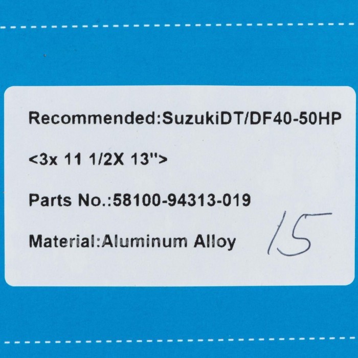 Гвинт гребний для човнового двигуна SUZUKI DT/DF 40-50 HP 58100-94313-019 ALU 3 лопаті 11.5 дюймів крок 13 дюйм